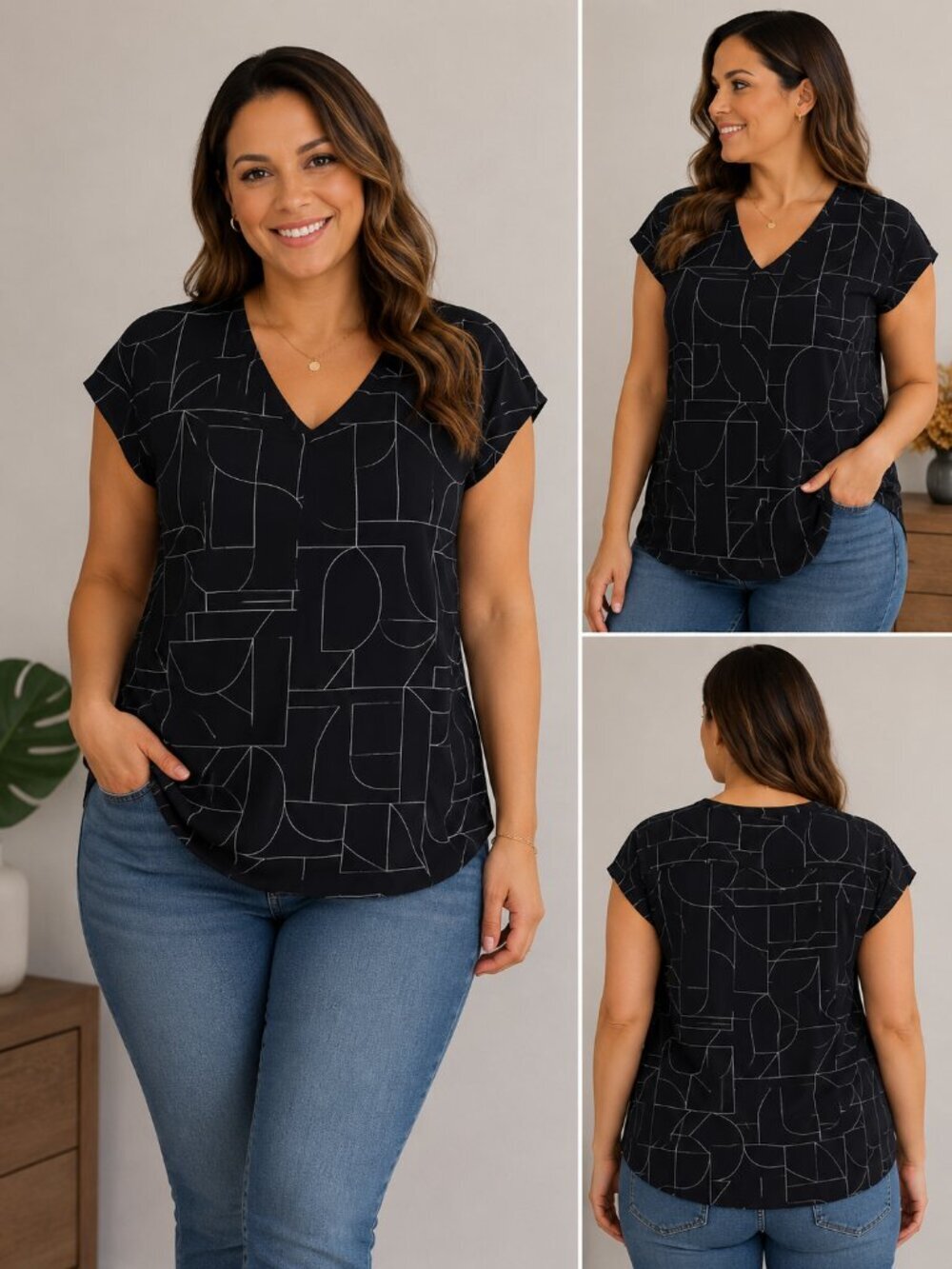Reitmans Women's lrg Black Geometric Print V-Neck Blouse Short Sleeve Career C